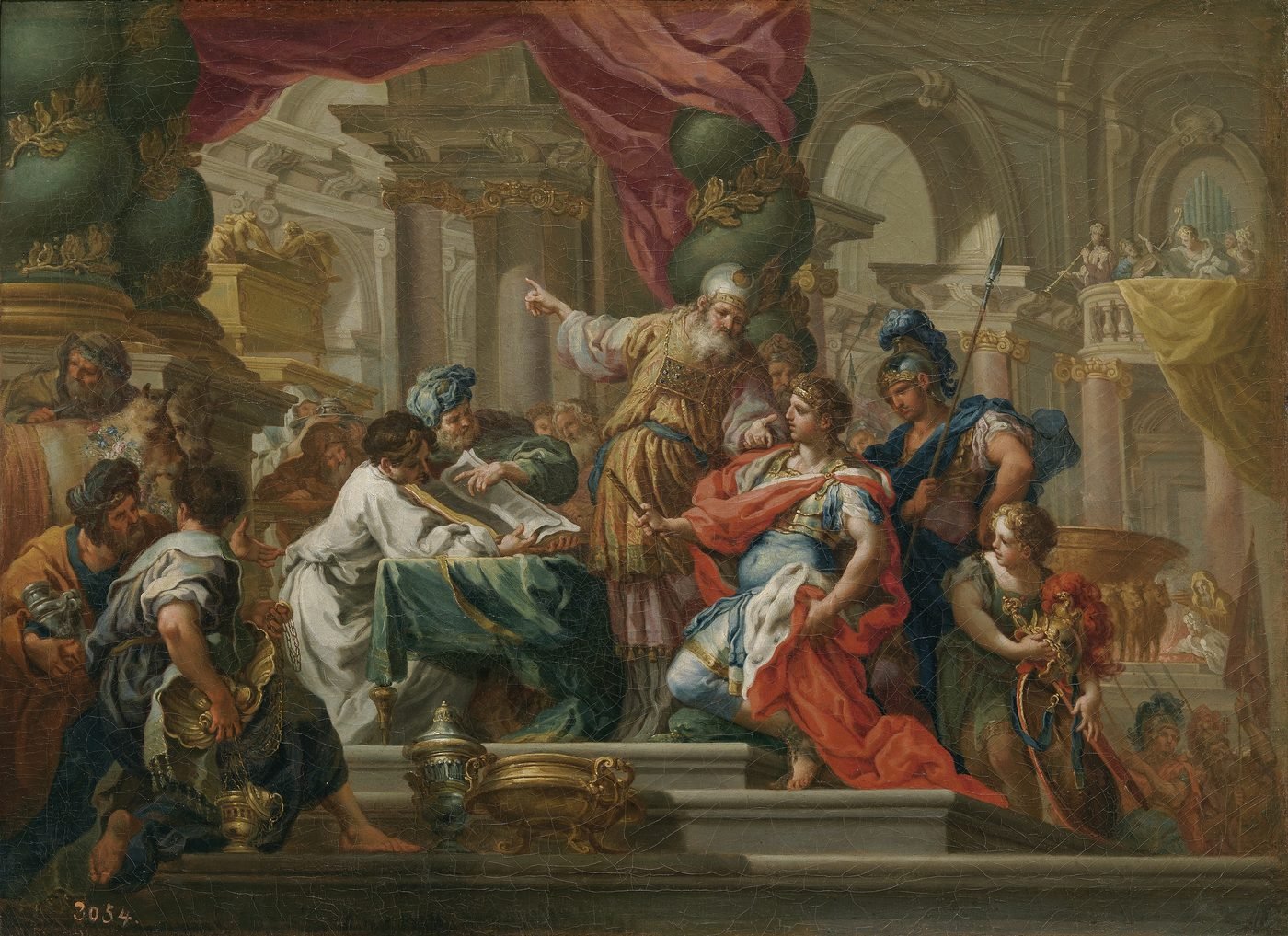 Baroque painting showing Alexander the Great in armour with a red cloak being received at the Jerusalem Temple by the high priest Jaddua, who holds open a scroll