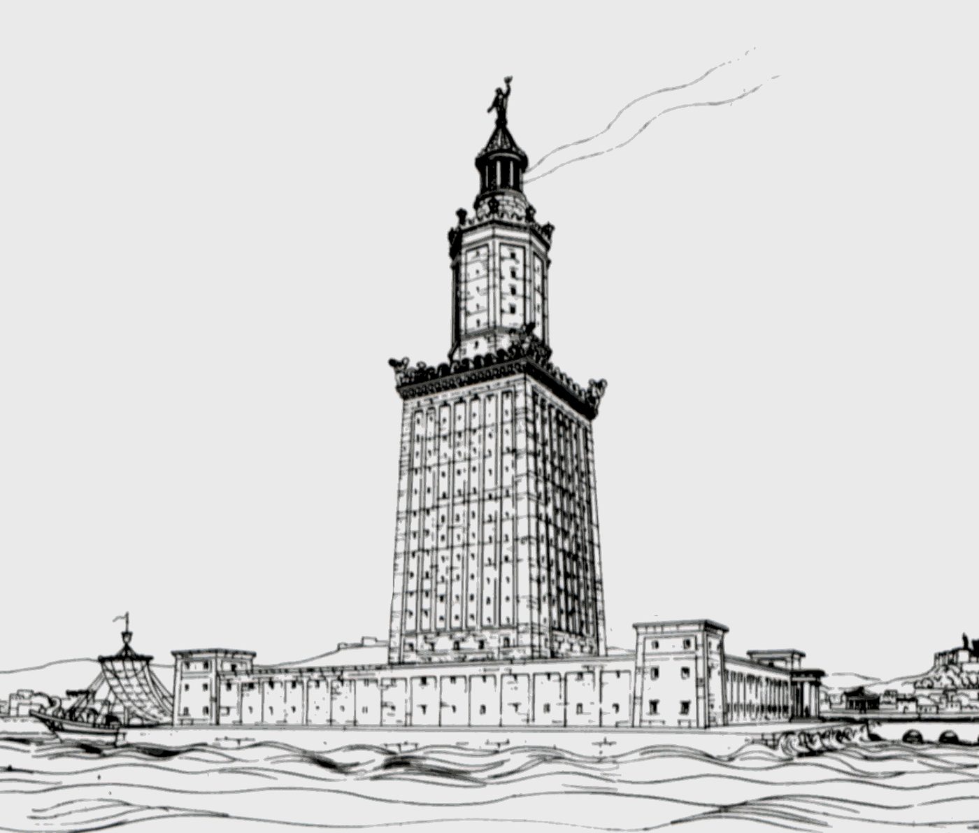 Scholarly architectural reconstruction drawing of the Pharos of Alexandria, the great lighthouse rising on an island in the harbour
