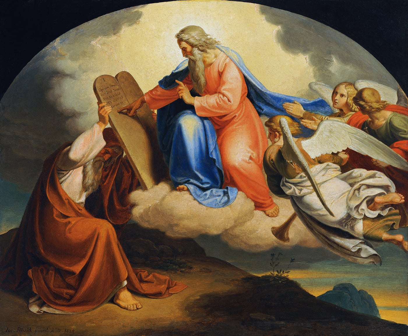 Oil painting: Moses kneels on a hillside to receive the two stone tablets of the Law from an enthroned figure on a cloud, attended by angels.