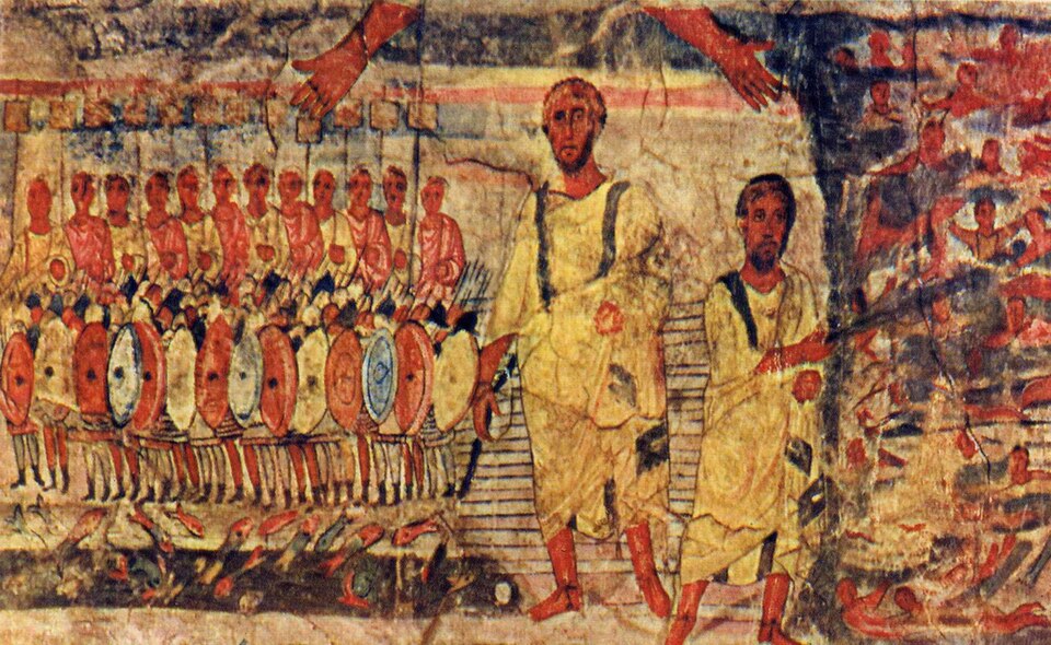 Fresco from the Dura-Europos synagogue showing Moses leading ranks of armed Israelites across the Red Sea, the hand of God above, and Pharaoh's drowning army at right