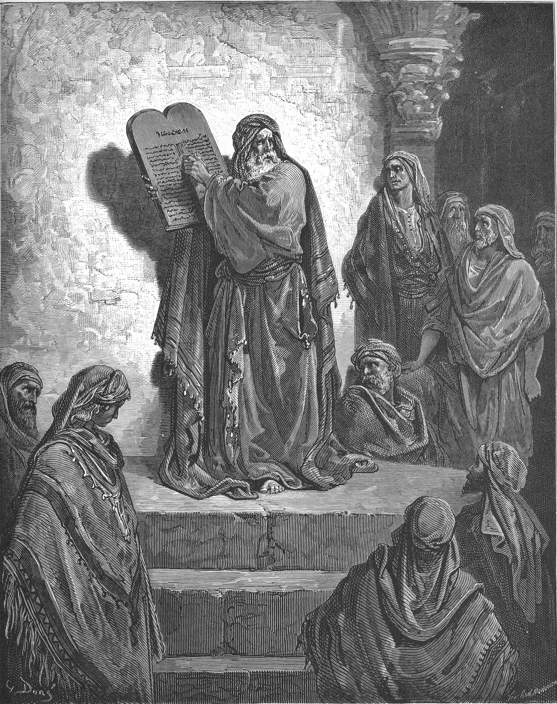 Engraving of Ezra raising an open scroll above a crowd from a raised platform.