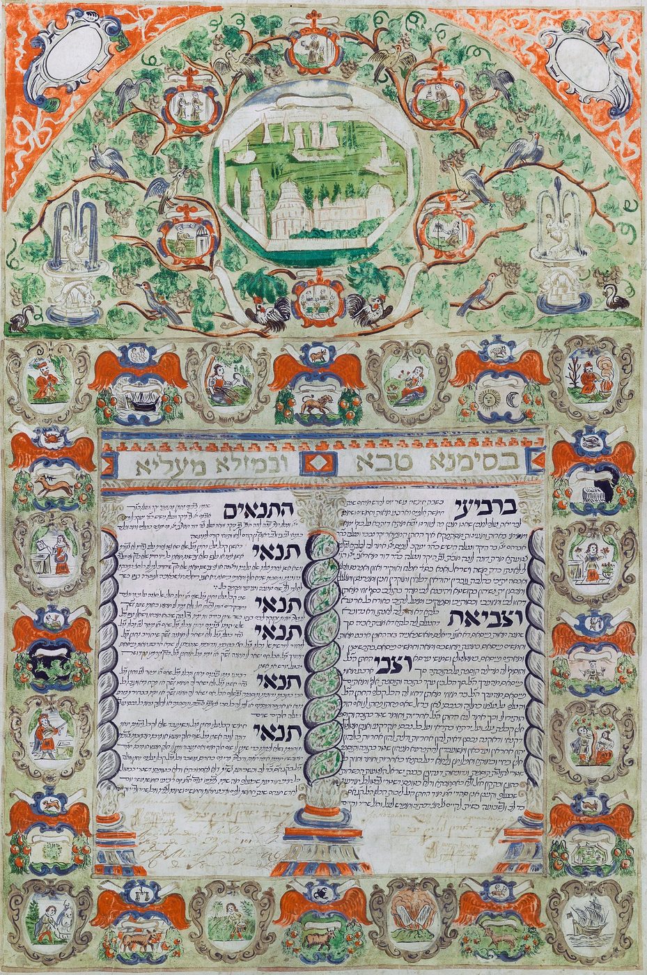A lavishly illuminated Livorno ketubah of 1697-1698, the Aramaic marriage text framed by painted arches, zodiac medallions and a cityscape