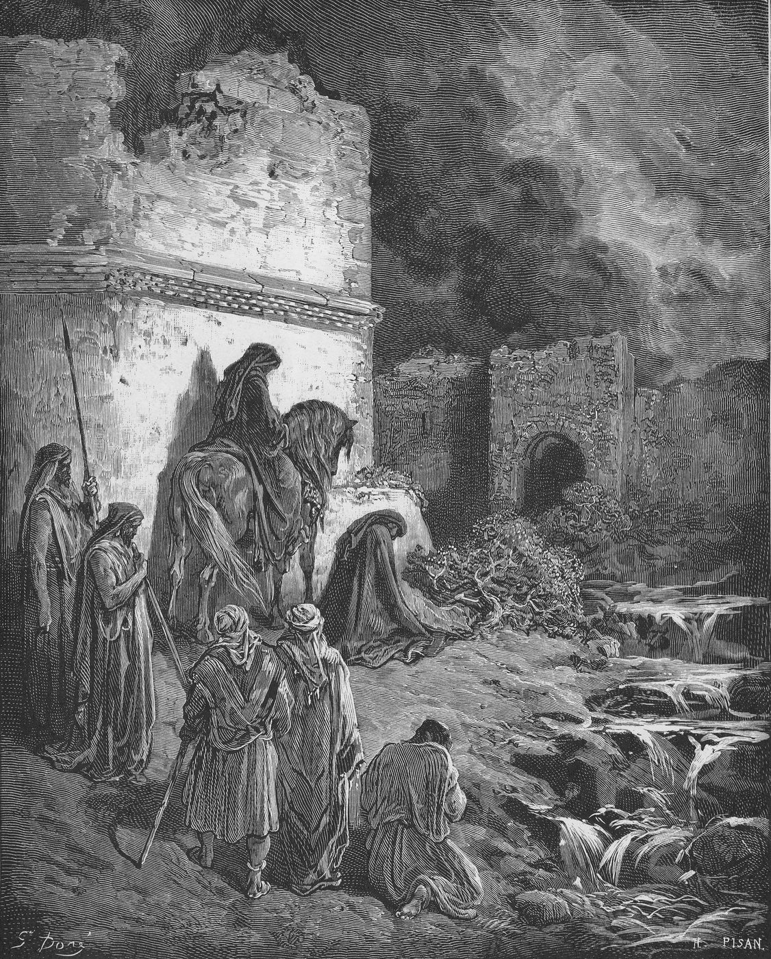 Gustave Doré engraving of Nehemiah on horseback viewing Jerusalem's collapsed walls by night, surrounded by attendants, with broken masonry in the foreground