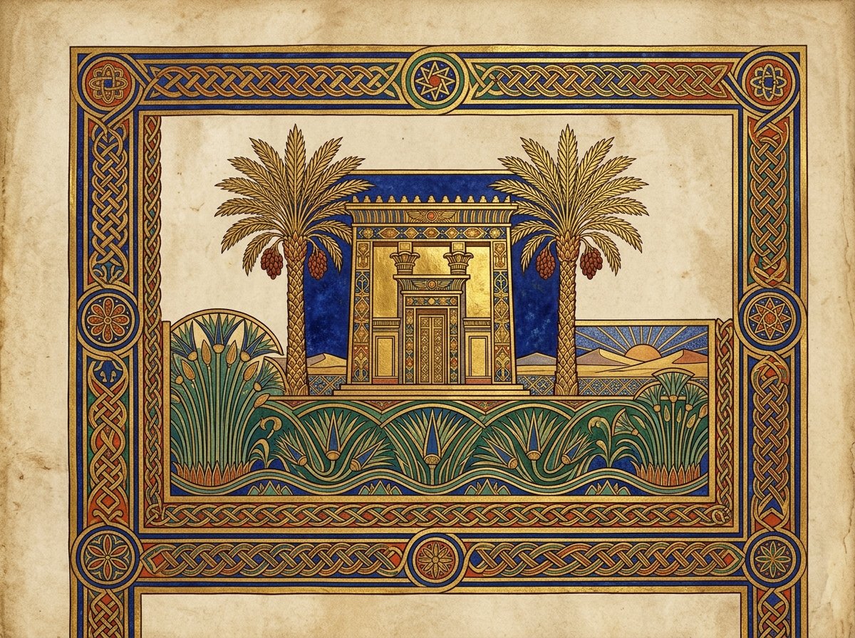 An illuminated-codex emblem representing the Onias Temple strand of the story