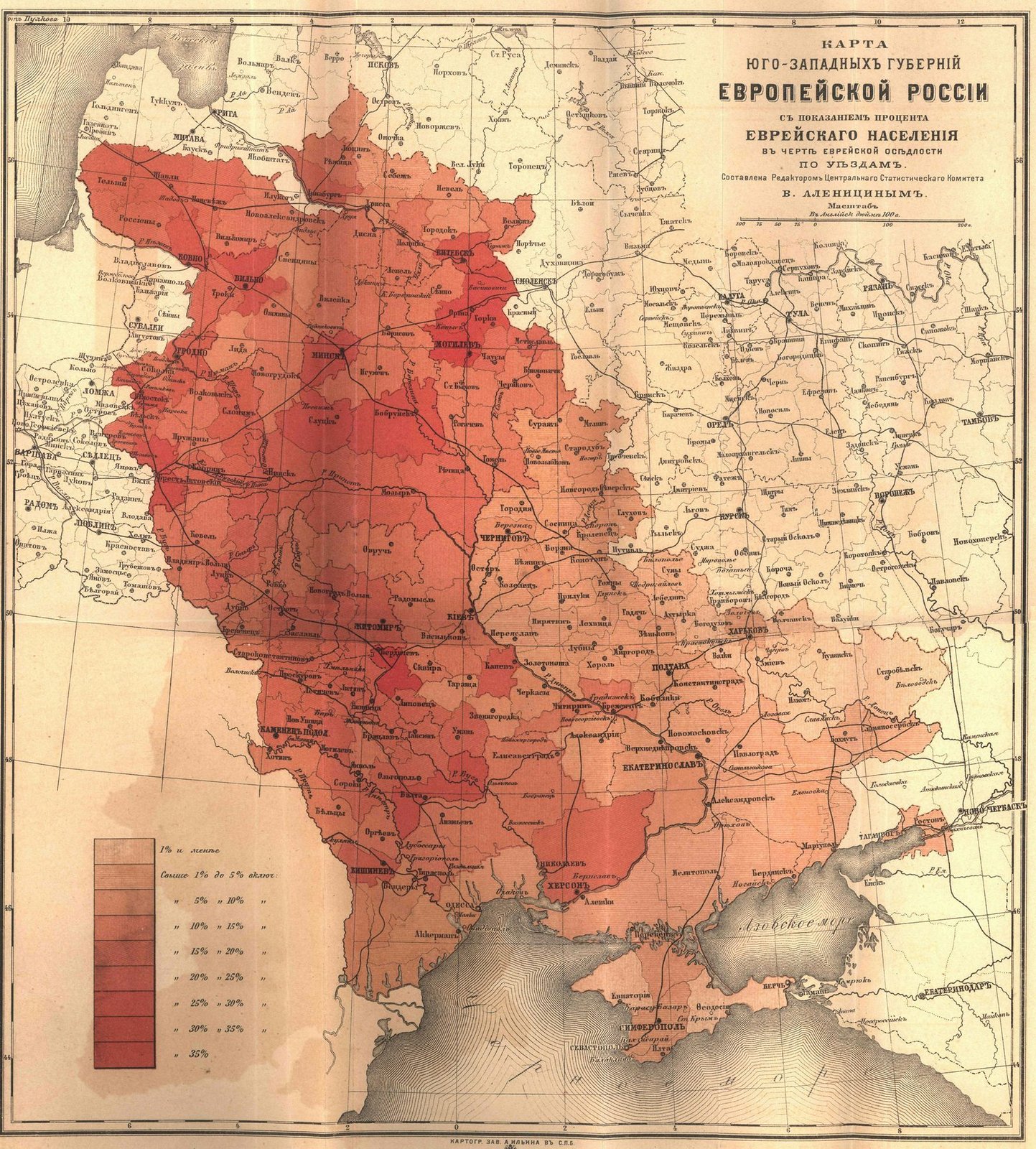 Map showing the percentage of Jews in the Pale of Settlement, 1884