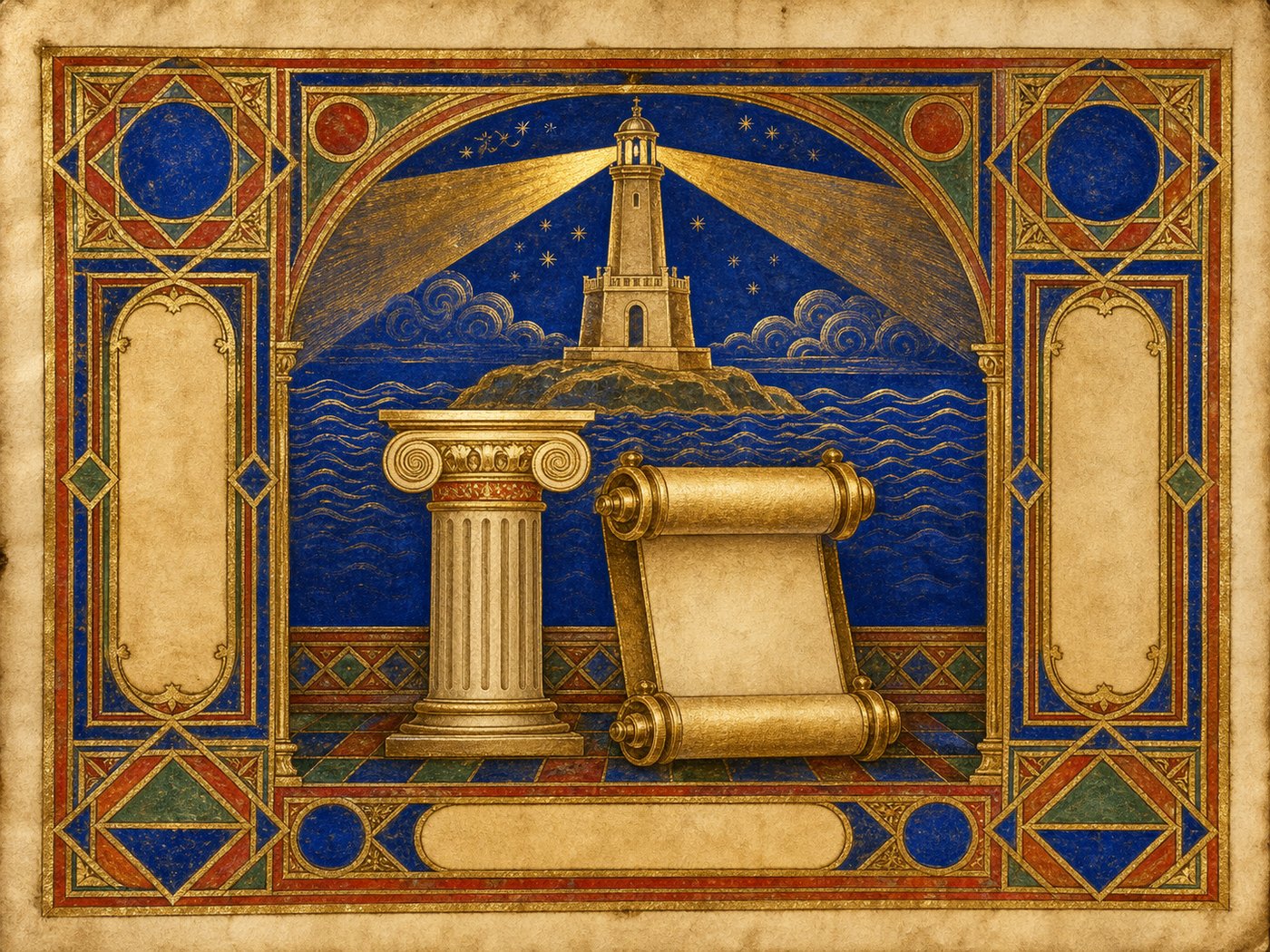 Illuminated-Codex emblem for Philo of Alexandria, depicting a scroll and Greek column entwined