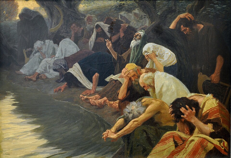 Grieving Judean exiles seated by a river in Babylon, harps hung in the tree behind them, in Gebhard Fugel's painting An den Wassern Babylons.
