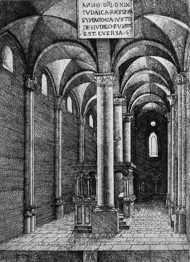 Albrecht Altdorfer’s 1519 etching of the Regensburg synagogue interior.
