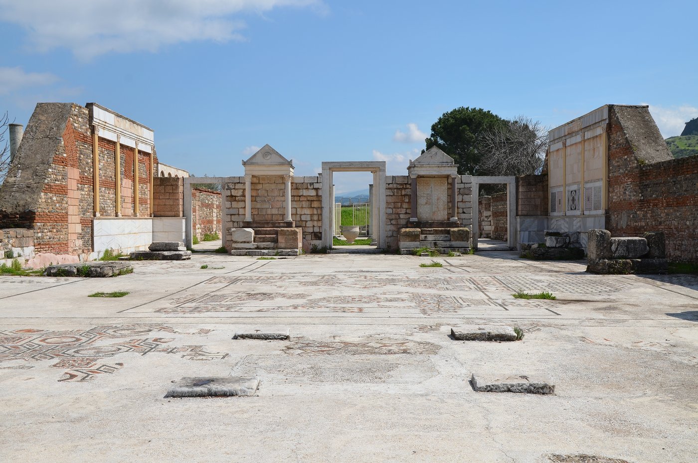 Ruins of a large columned marble synagogue hall at Sardis in Turkey.