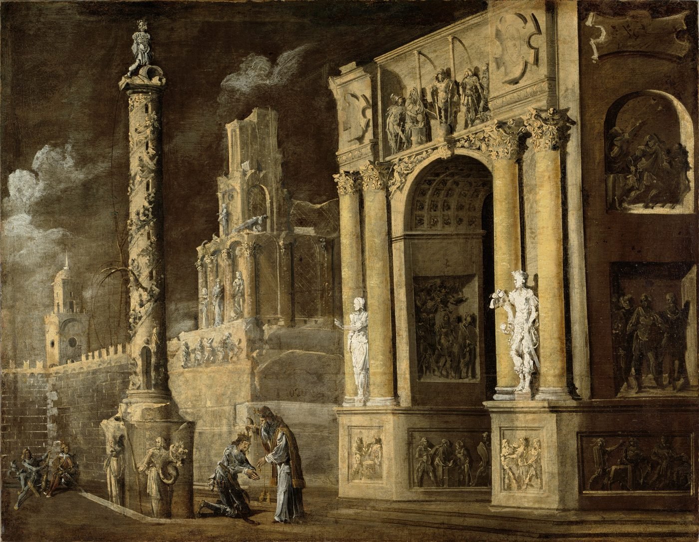 Baroque architectural capriccio painting showing a robed Samuel anointing the young Saul before a crowd of small figures beneath soaring stone arches, by François de Nomé