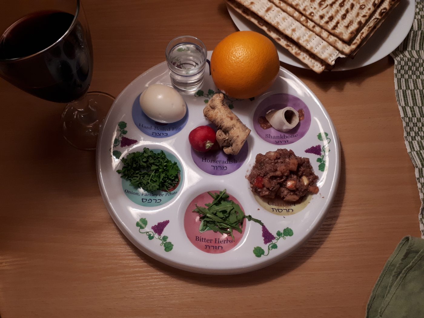 A Passover Seder plate with matzah and wine, the table set as a teaching machine.