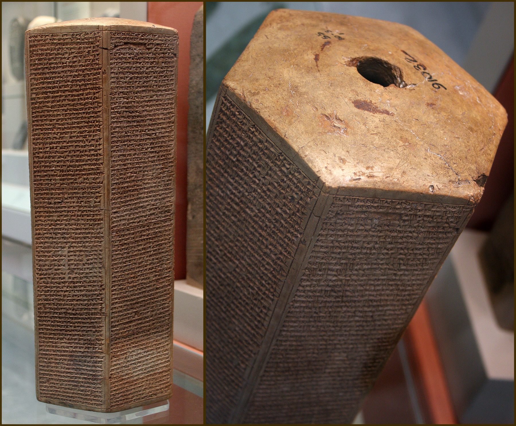 Two views of the Taylor Prism: a six-sided clay artefact covered in cuneiform inscriptions, showing the full prism and a detail of the top edge.