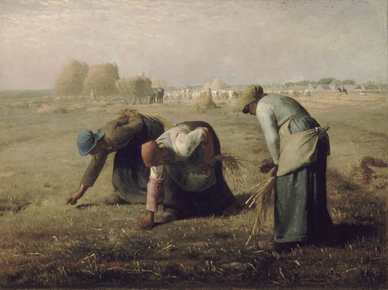 Jean-François Millet's 1857 painting The Gleaners: three peasant women stooping to gather leftover grain in a harvested field