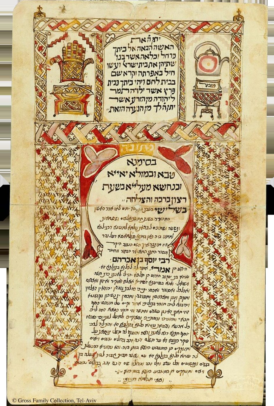 A decorated ketubah from Tafilalt, used as a document witness for the Sijilmasa region.