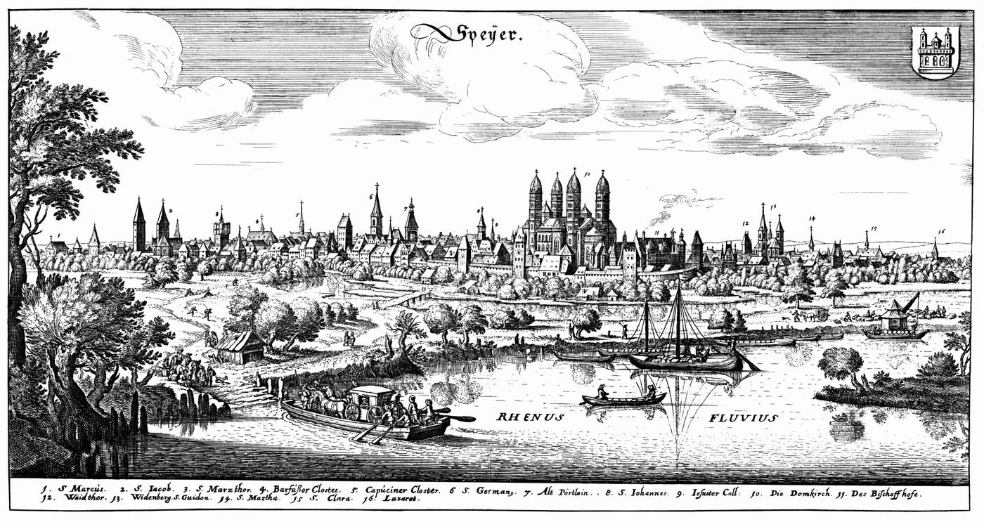 1637 Merian engraving showing Speyer from the Rhine, with the Romanesque cathedral dominating the city skyline and boats on the river