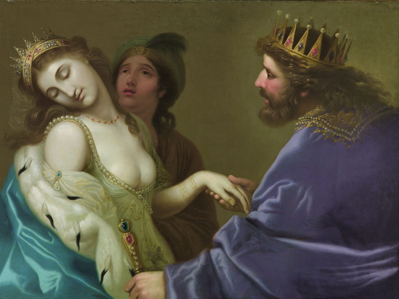 Esther, draped in white, faints and is supported by attendants as she approaches the enthroned Ahasuerus, who extends his golden sceptre towards her across a grand palatial chamber