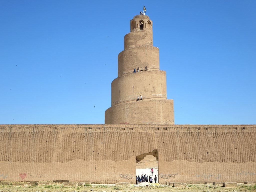 The spiralling brick Malwiya minaret at Samarra in Iraq.