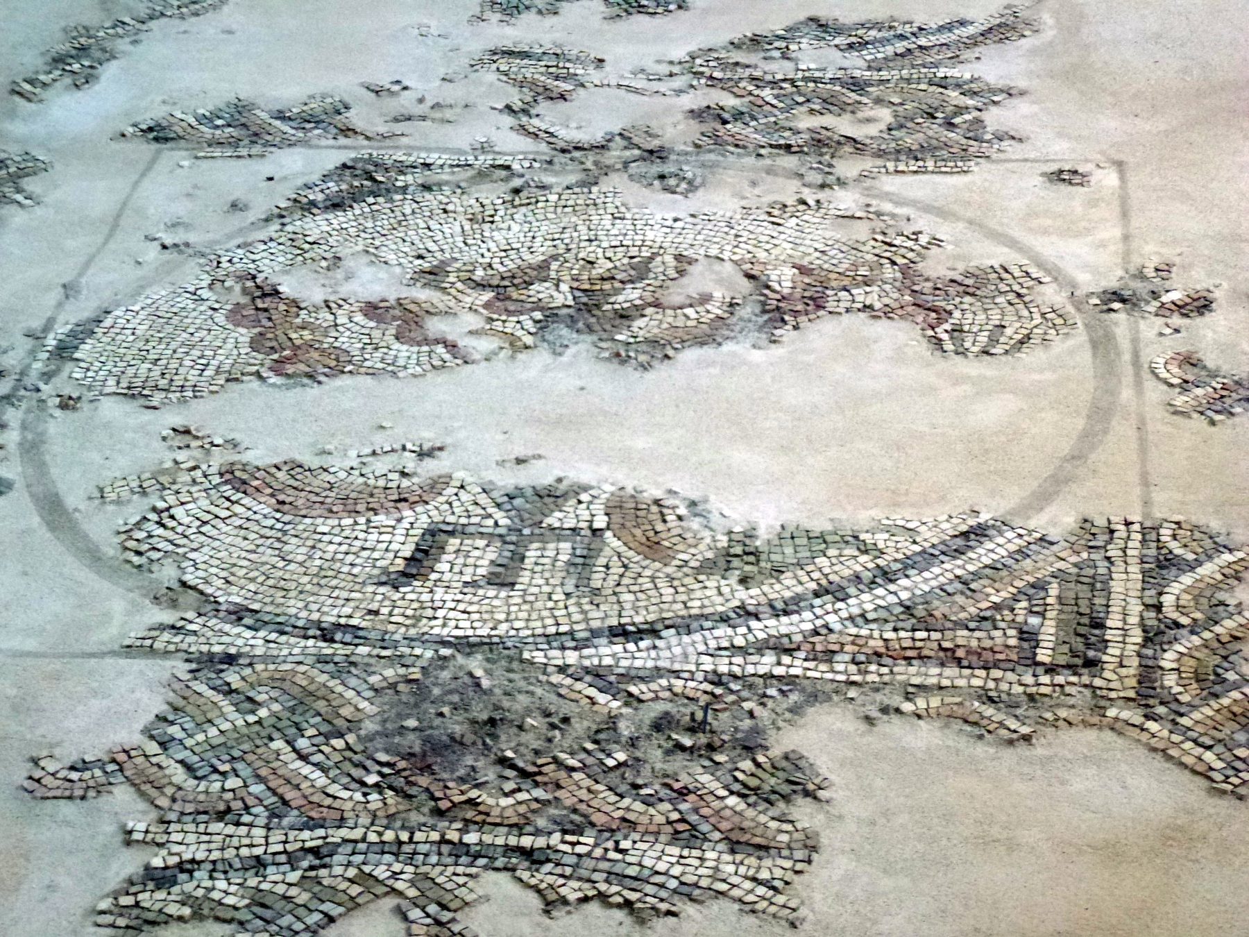 Mosaic floor with white stone tesserae, laid in decorative patterns at the Bova Marina synagogue site.
