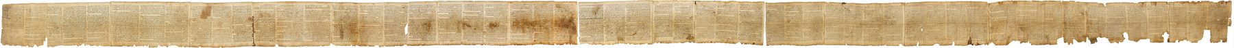 Ancient parchment scroll displaying Hebrew text of the Great Isaiah Scroll