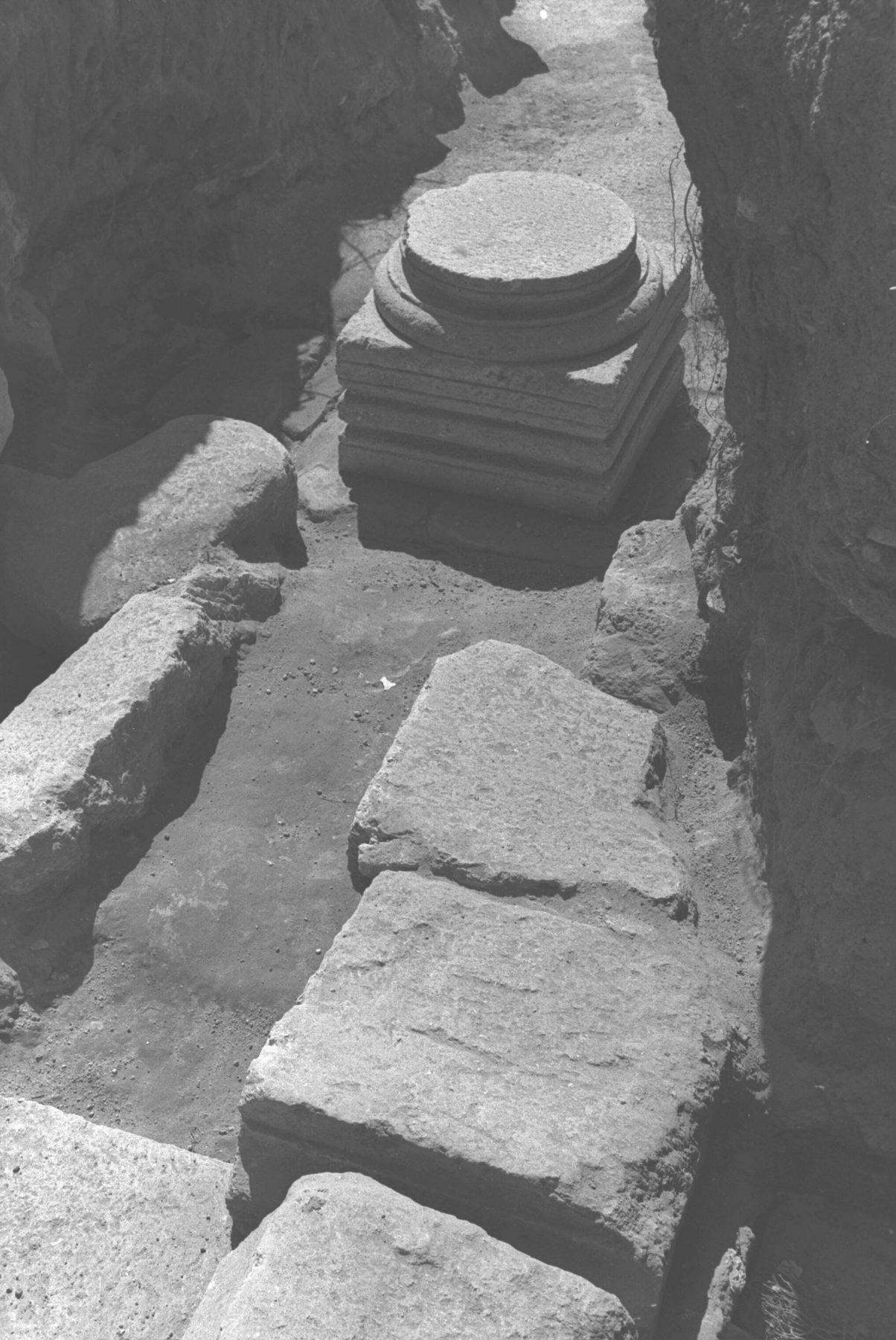 Stone ruins of the ancient Japhia Synagogue mosaic pavement, uncovered in situ at Yafa, Lower Galilee