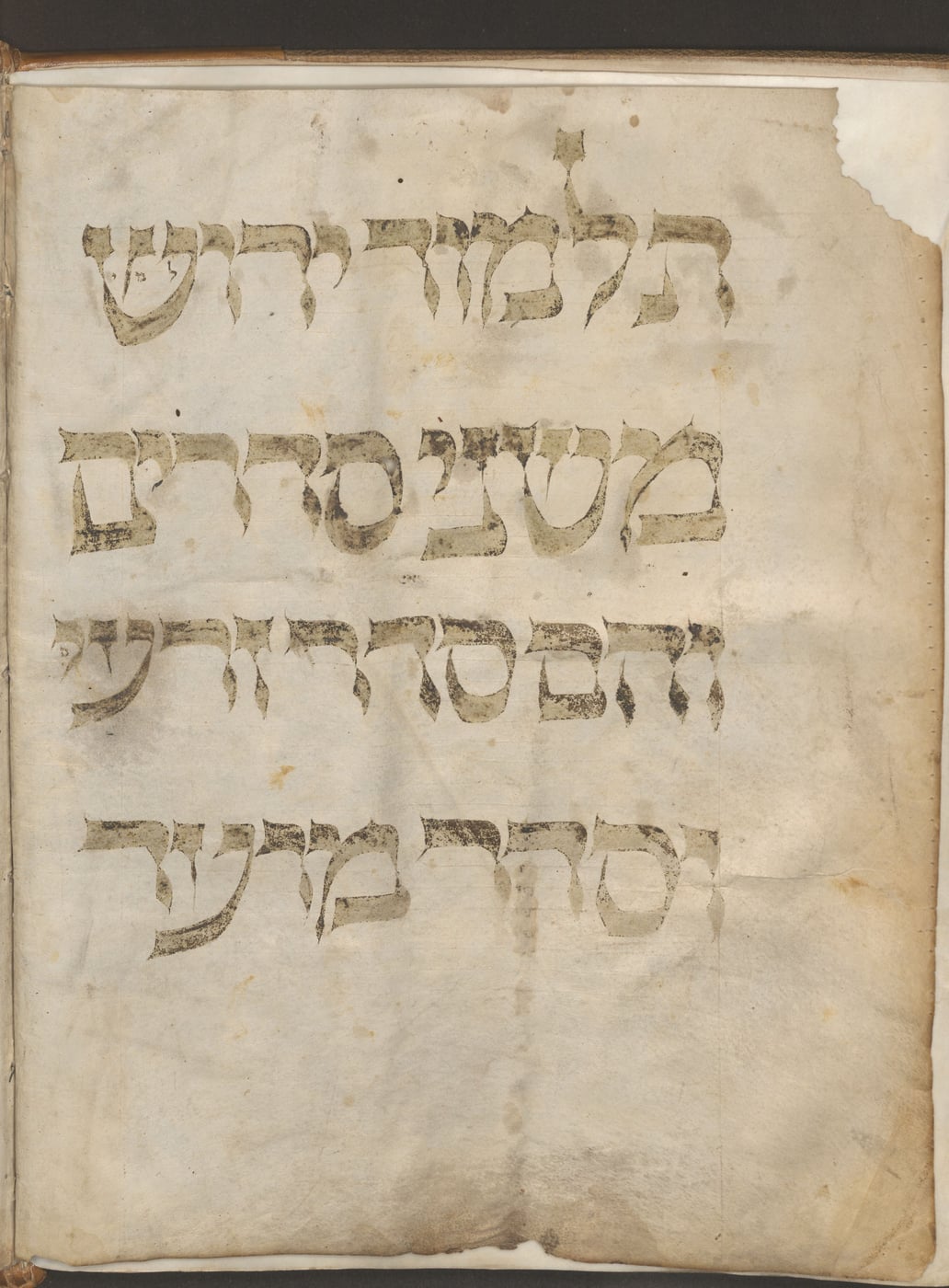 Decorated opening leaf of the Leiden Jerusalem Talmud manuscript, with large Hebrew display script reading 'Talmud Yerushalmi'.