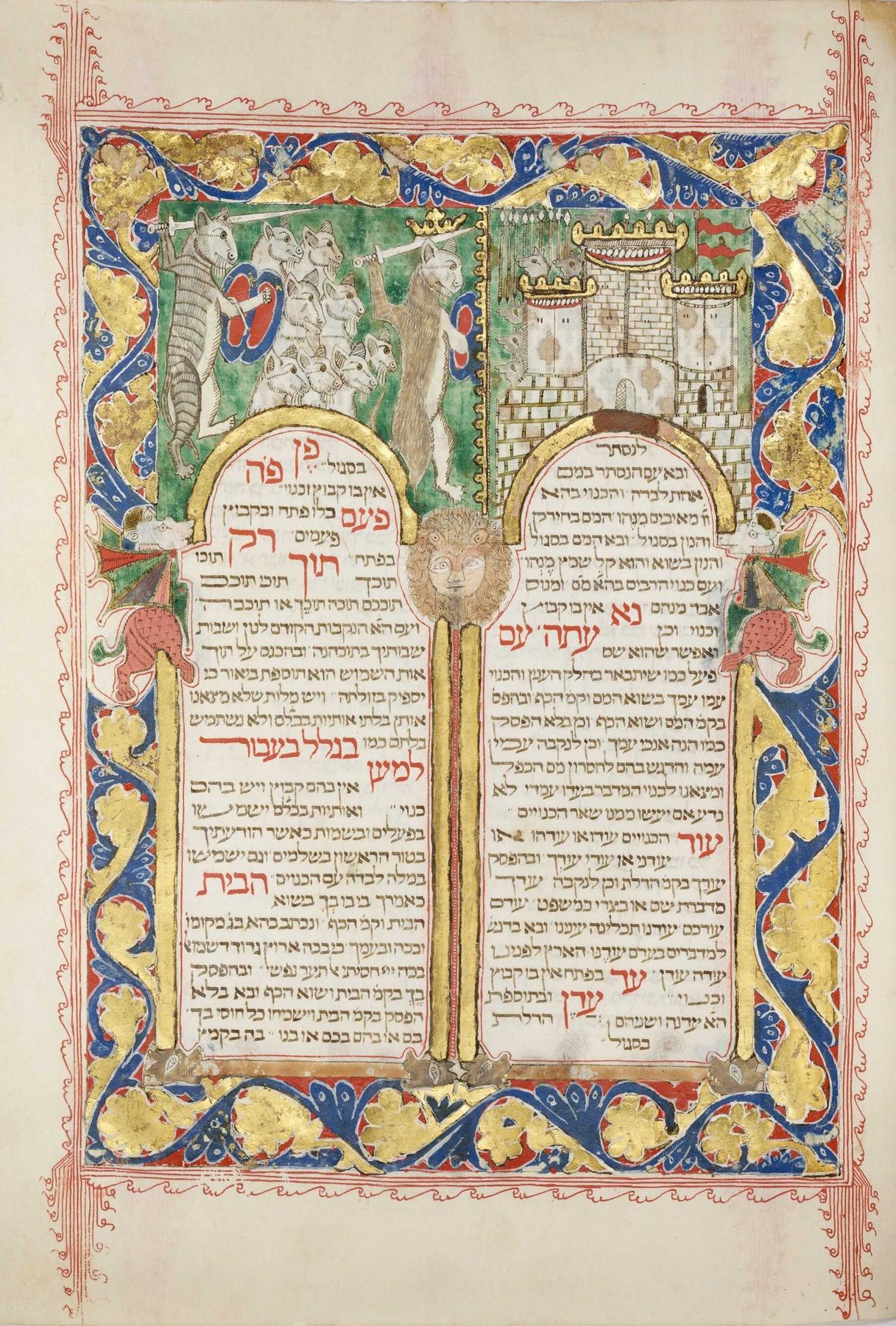 An illuminated opening from the Kennicott Bible showing two columns of Hebrew text surrounded by elaborate gold-leafed medieval decoration with narrative illustrations and ornamental borders