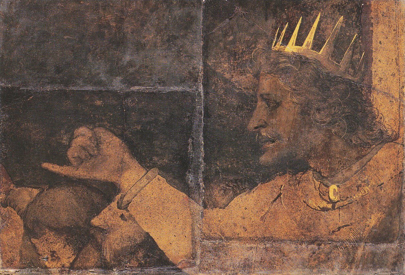 A fragment of Hans Holbein the Younger's wall painting from the Basel Town Hall Council Chamber showing Rehoboam, a crowned king in profile, part of a cycle depicting the consequences of his harsh reply to the ten tribes