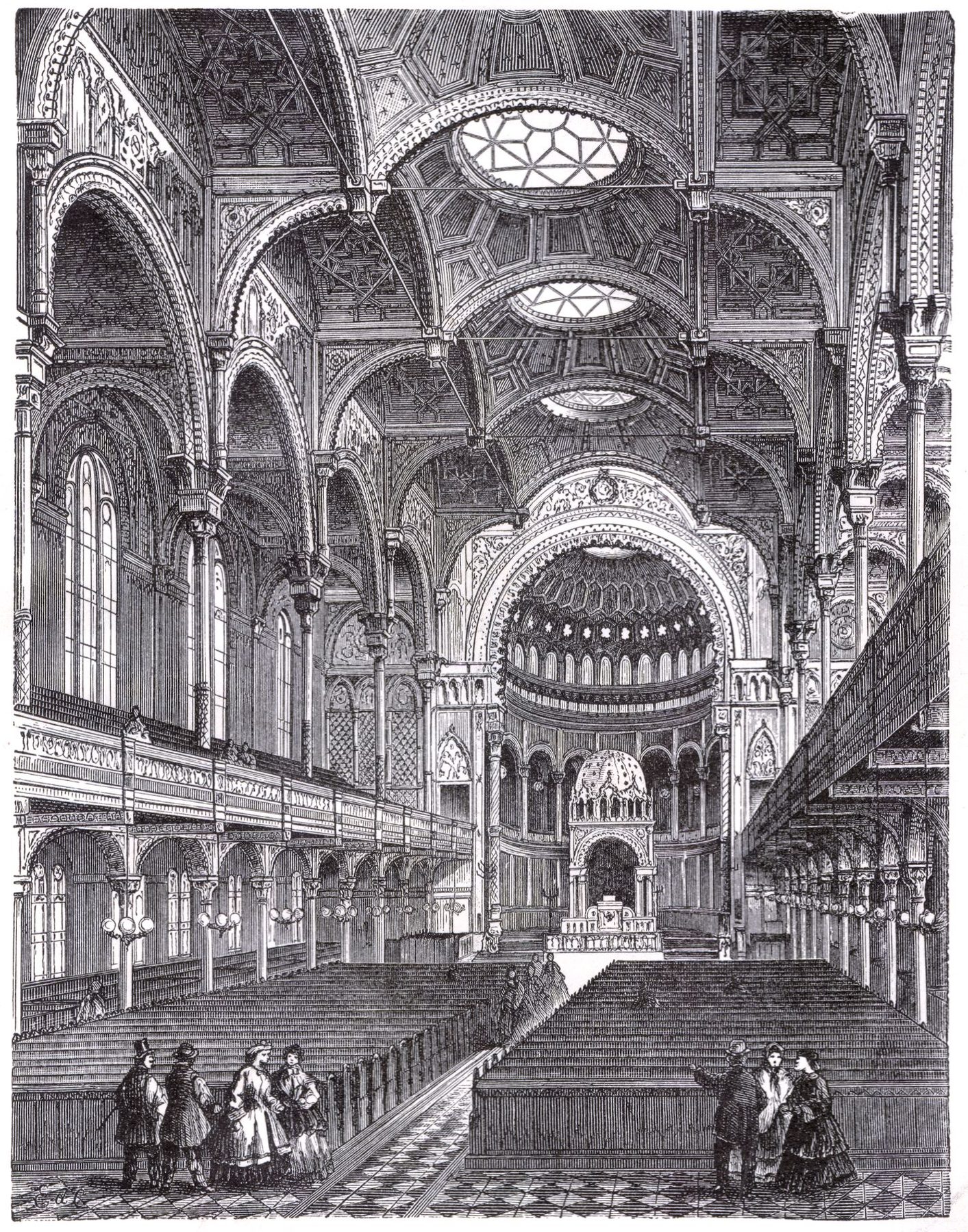 Interior architectural engraving of the Neue Synagogue, Berlin, showing the ornate Moorish arches, galleries and central dome.