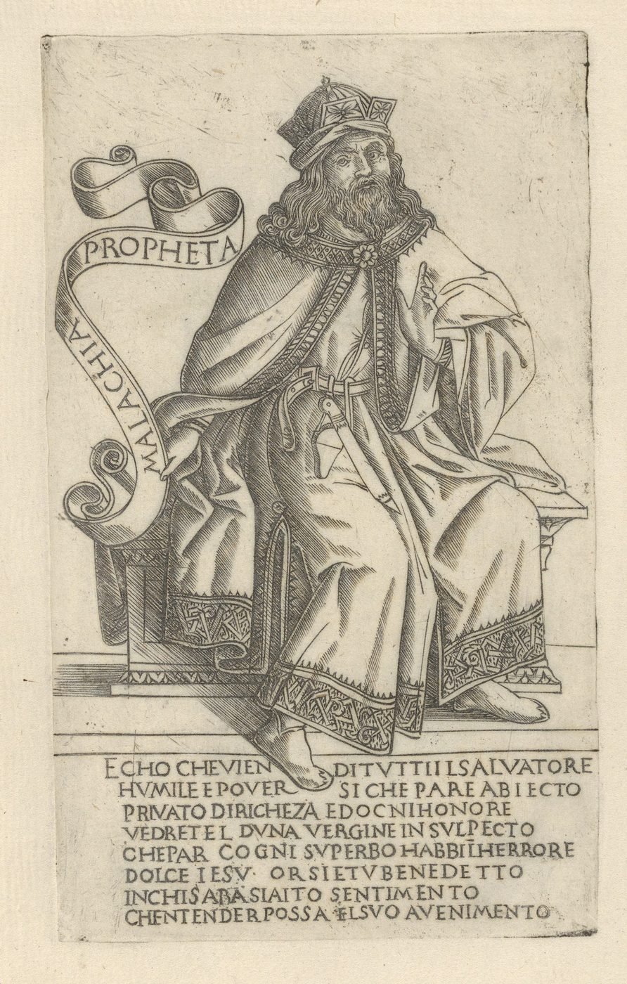 Engraving of the Prophet Malachi seated on a throne, holding a raised hand, with a scroll labelled PROPHETA MALACHIA, from the late 15th-century series Prophets and Sibyls