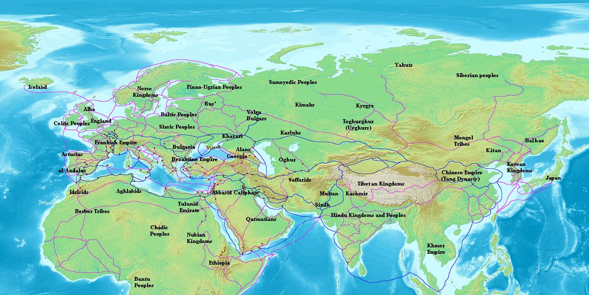 Map of Eurasia and North Africa marked with medieval merchant trade routes.