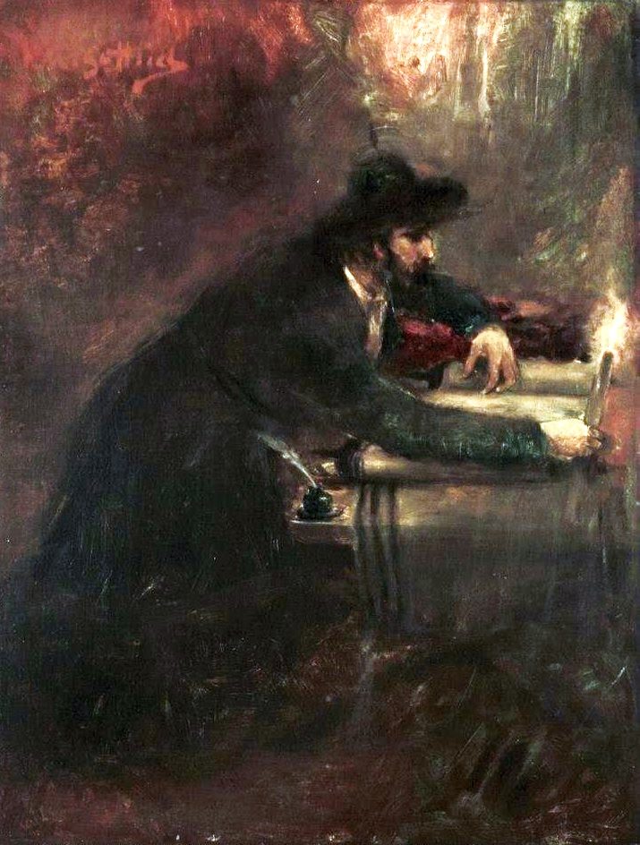 A bearded Jewish scribe bent over an open Torah scroll, quill raised and inkwell to his side, lit by candlelight - an oil painting by Maurycy Gottlieb