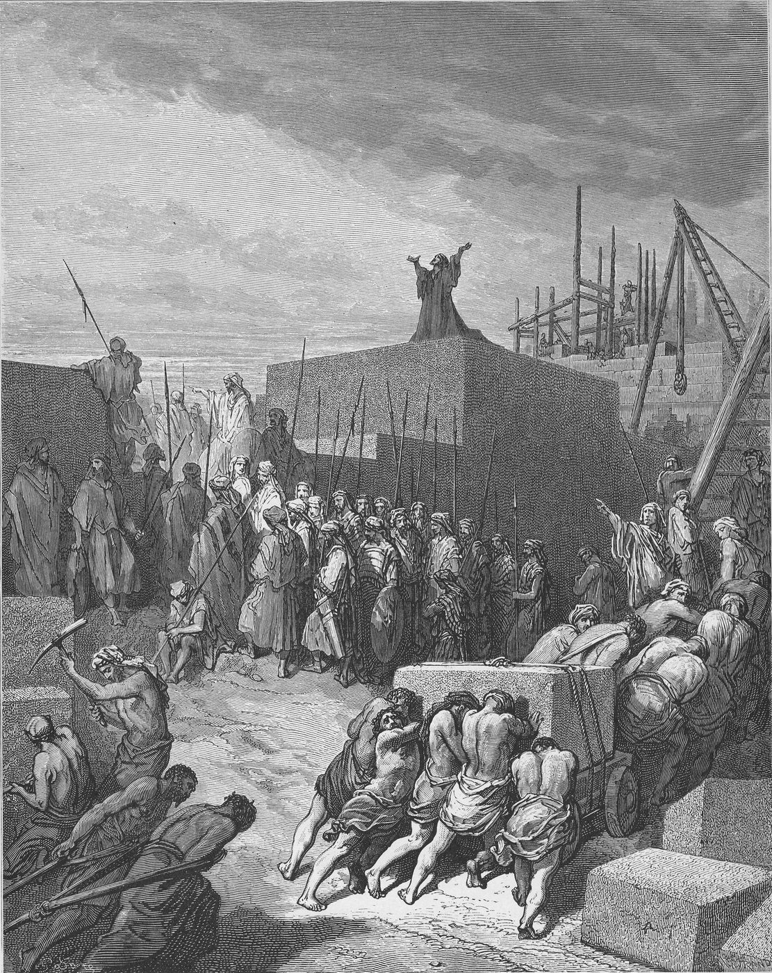 Gustave Doré engraving of the rebuilding of the Temple in Jerusalem - labourers haul stone blocks, a prophet figure raises his arms in prayer atop the half-built platform, with construction equipment and walls visible in the background