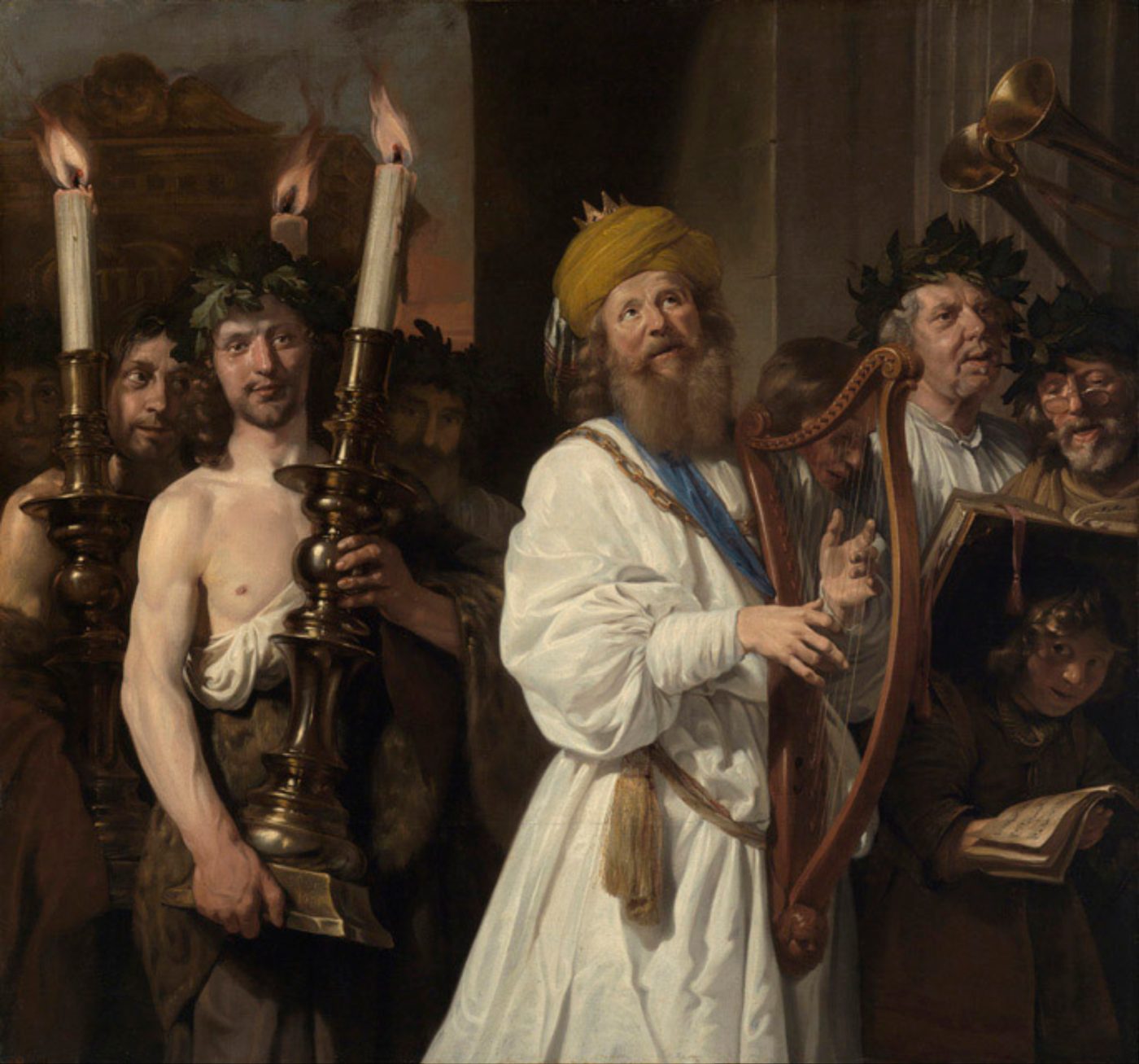 Oil painting by Jan de Bray (1670) of King David in white robes and a golden crown, playing a large harp and gazing upward while leading a procession with candle-bearers and other musicians