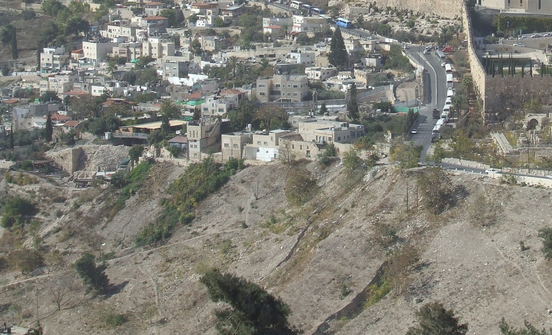 Aerial view of the Stepped Stone Structure's terraced stone slopes on the eastern ridge of the City of David, Jerusalem