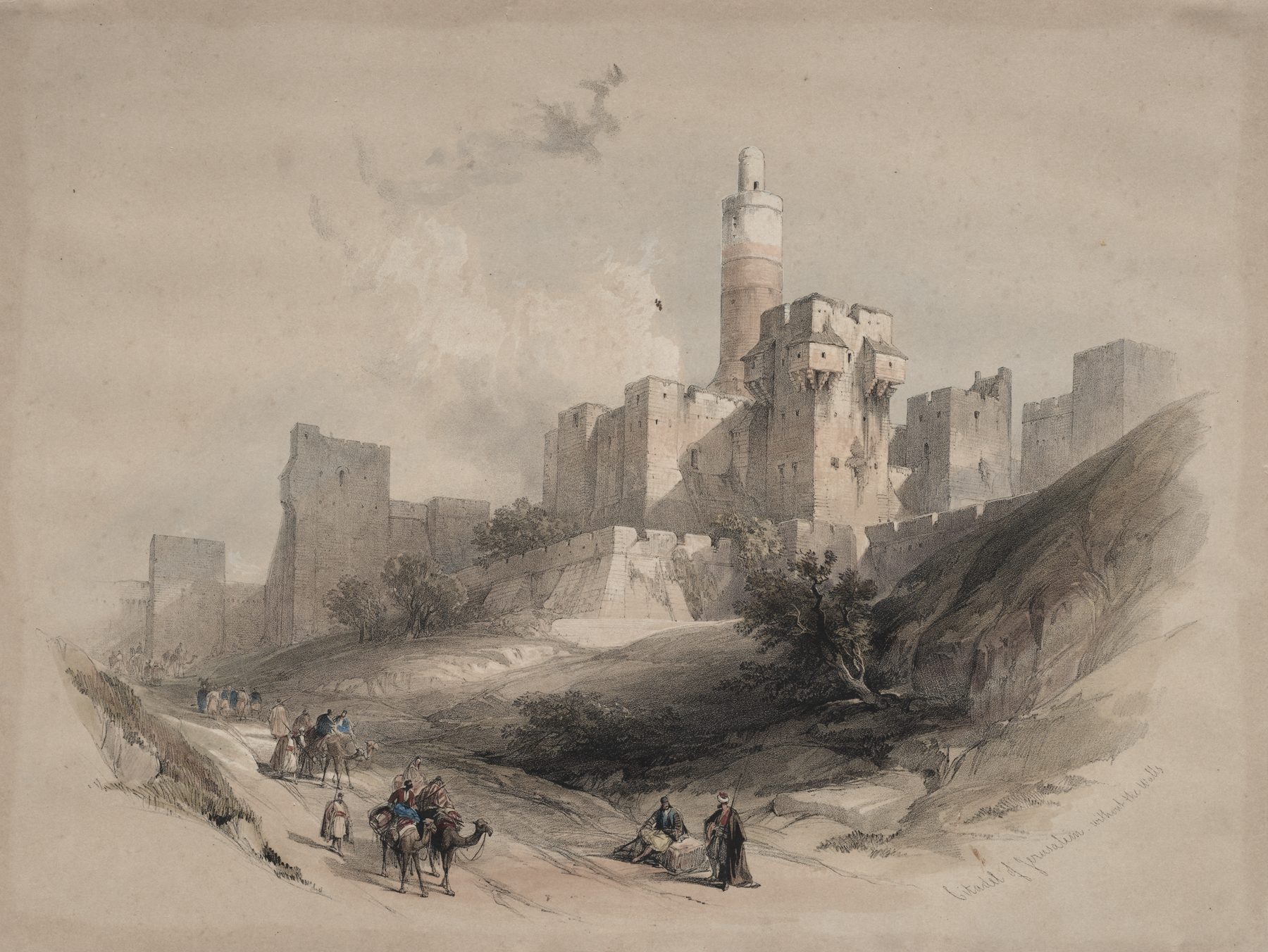 David Roberts' 19th-century lithograph of the Tower of David citadel beside Jaffa Gate in Jerusalem