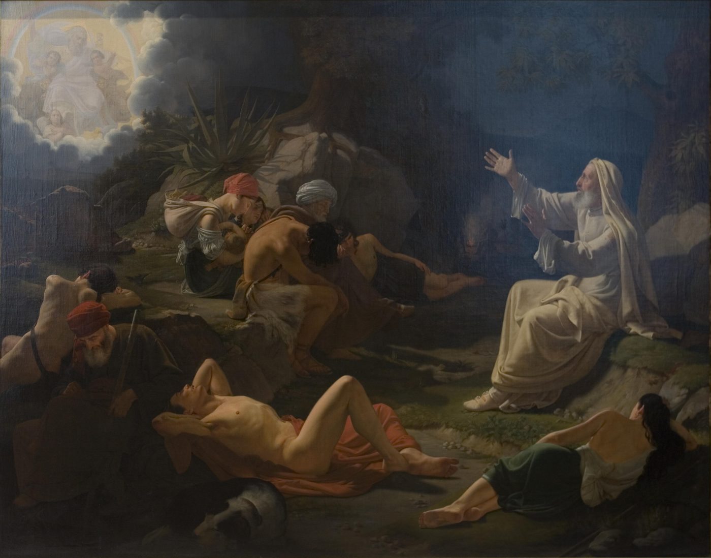 Romantic-era oil painting showing the prophet Ezekiel in white robes, arms raised toward a heavenly apparition in the clouds, surrounded by prostrate and awestruck figures