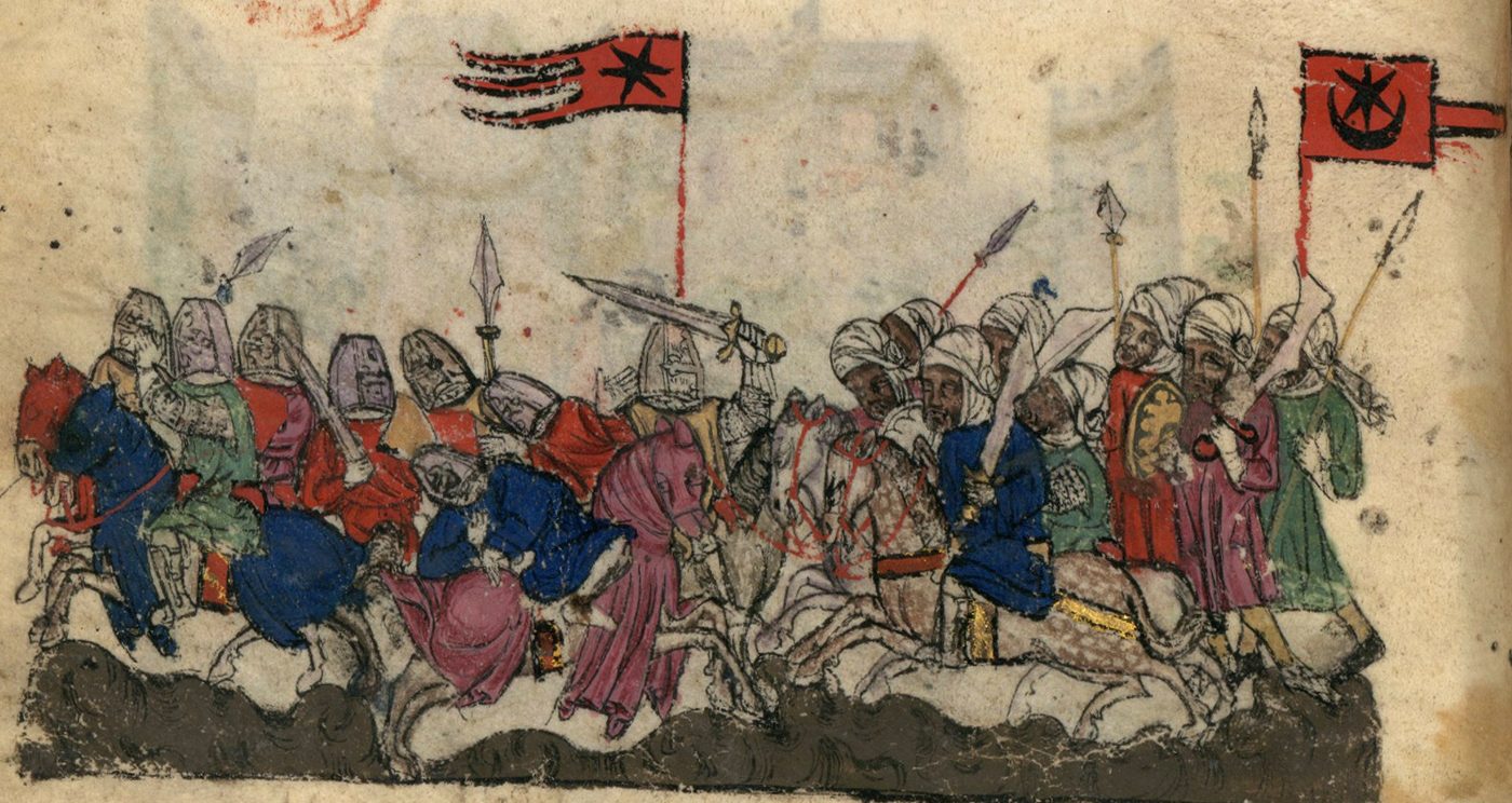 Illuminated miniature depicting armoured Christian knights fighting turbaned Muslim warriors carrying crescent banners, from a Catalan chronicle of the early Islamic conquests