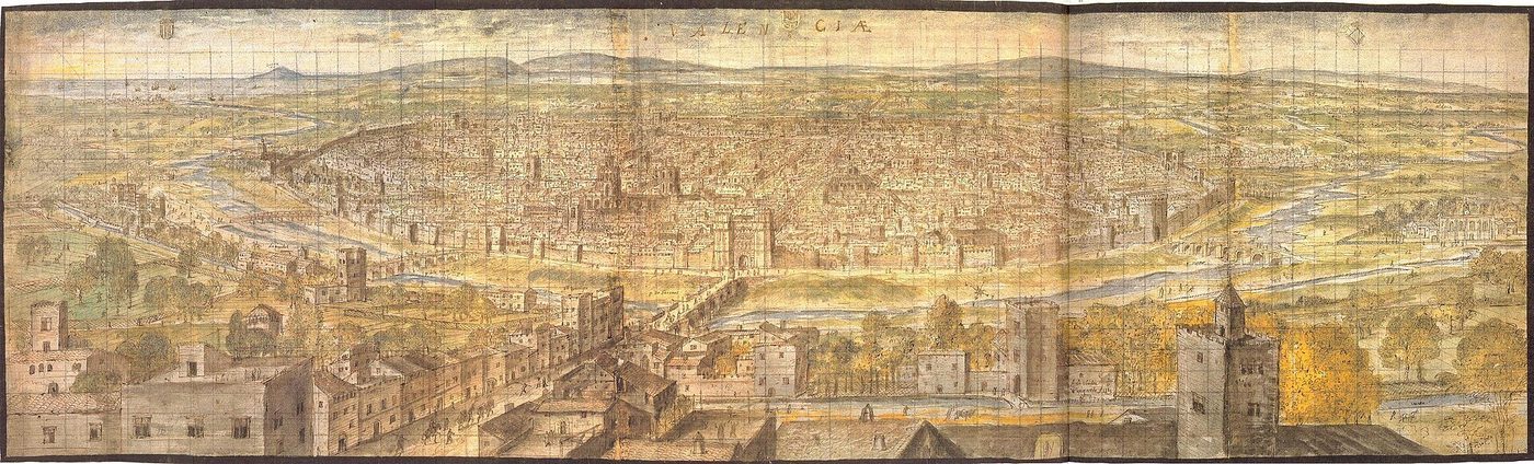 A 1563 panoramic view of Valencia, showing the walled city and surrounding fields.
